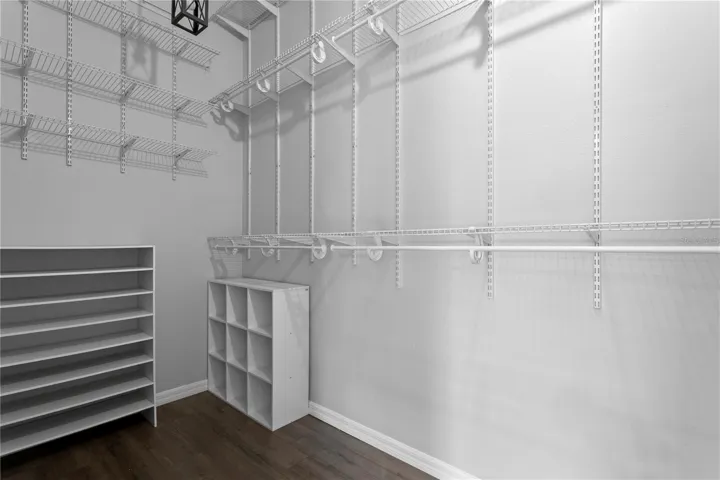 The primary bedroom's walk-in closet maximizes storage with high ceilings.