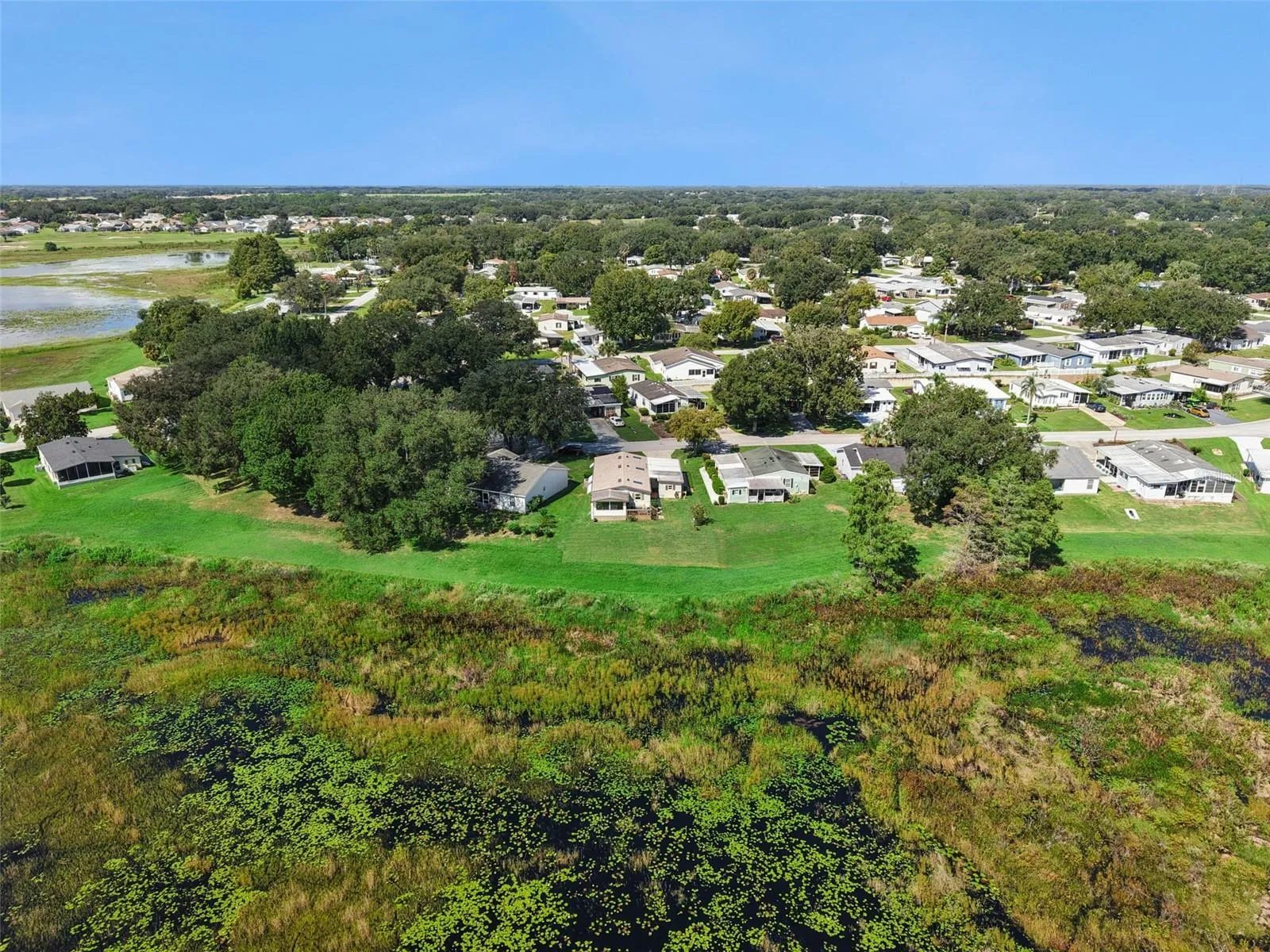 Aerial view over the marsh toward the surrounding neighborhood