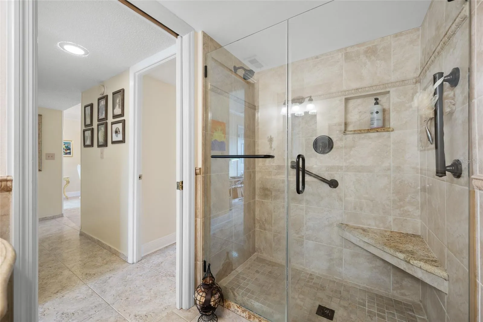 2nd Bathroom with Walk-in Shower, Frameless Shower Door, Custom Travertine Tile