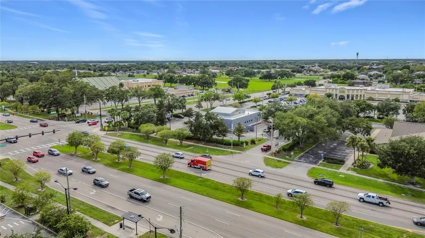 Aerial view of nearby commercial areas.