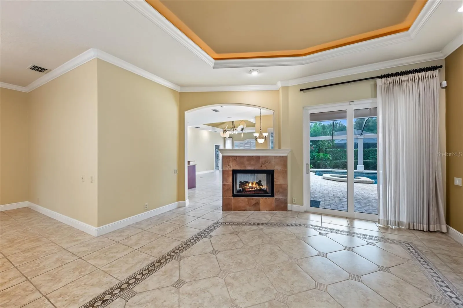 Living room with double sided fireplace
