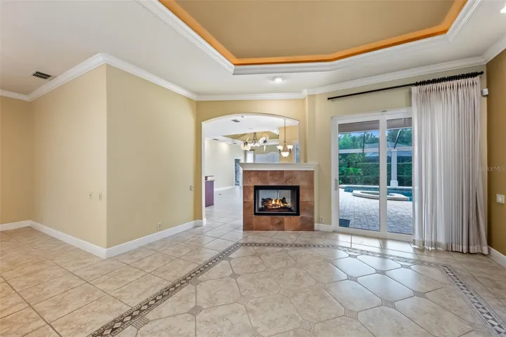 Living room with double sided fireplace