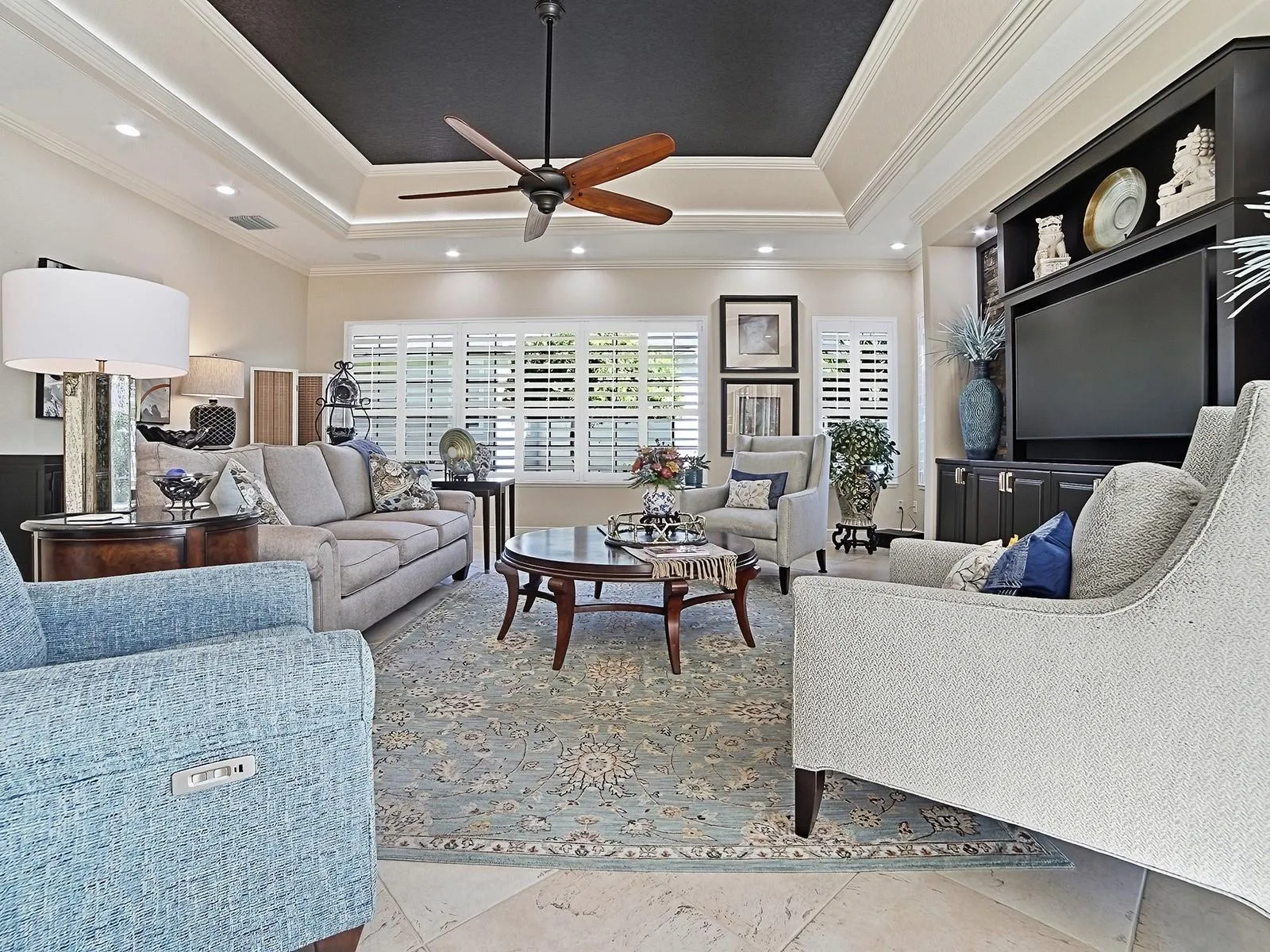 PLANTATION SHUTTERS, TRAY CEILING WITH CUSTOM TRIM AND LIGHTING!