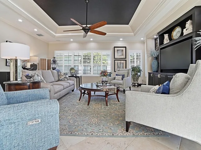 PLANTATION SHUTTERS, TRAY CEILING WITH CUSTOM TRIM AND LIGHTING!