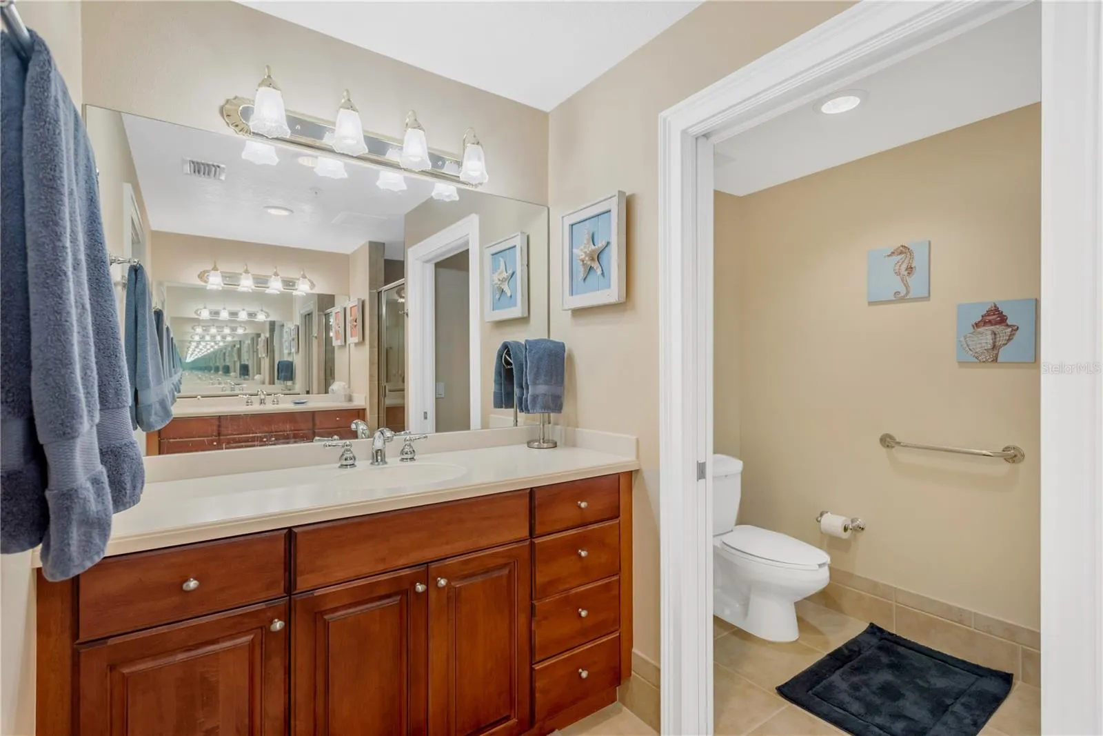 2nd Vanity with single sink and water closet with pocket door