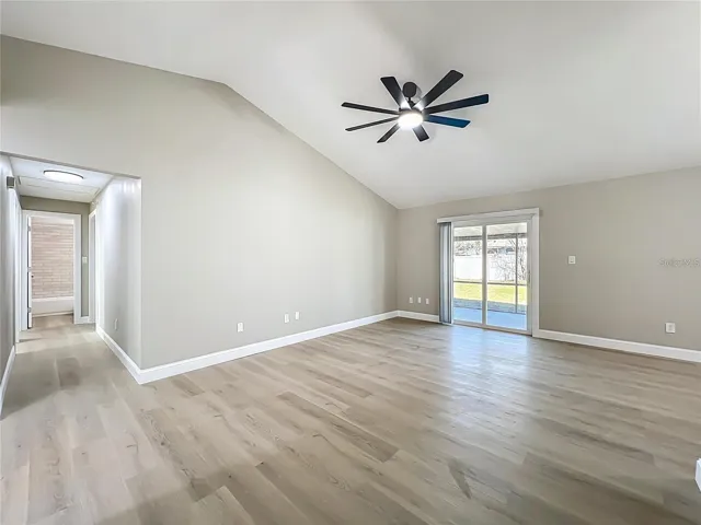 View from living room, sliding doors toward breezeway.