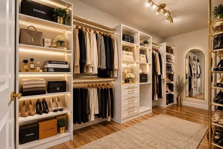 Staged master closet to show storage potential
