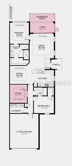 Floor Plan ~ Additional Highlights Include: impact windows, tray ceiling pkg, double pocket doors at study, 8' interior doors, garden fence, and pre-plumb for future sink at laundry