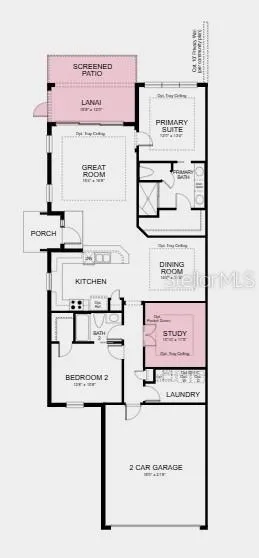 Floor Plan ~ Additional Highlights Include: Tray ceiling package, double pocket doors at study, 8' interior doors, extended screened patio, pre-plumb sink at laundry, whole house impact windows, pendant light package at kitchen