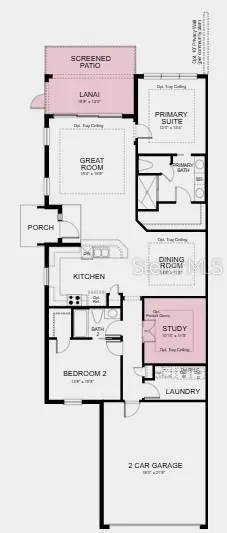 First Floor Plan - Additional Highlights Include: tray ceiling package, double pocket doors at study, 8' interior door package, extended screened patio, and whole house impact windows