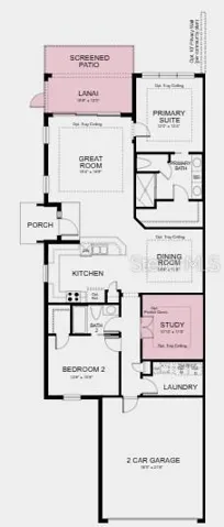 First Floor Plan - Additional Highlights Include: tray ceiling package, double pocket doors at study, 8' interior door package, extended screened patio, and whole house impact windows