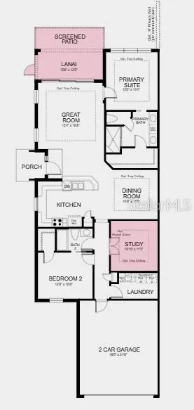 Floor Plan ~ Additional Highlights Include: Tray ceiling package, double pocket doors at study, 8' interior doors, extended screened patio, whole house impact windows, pendant light package at kitchen, and sink at laundry