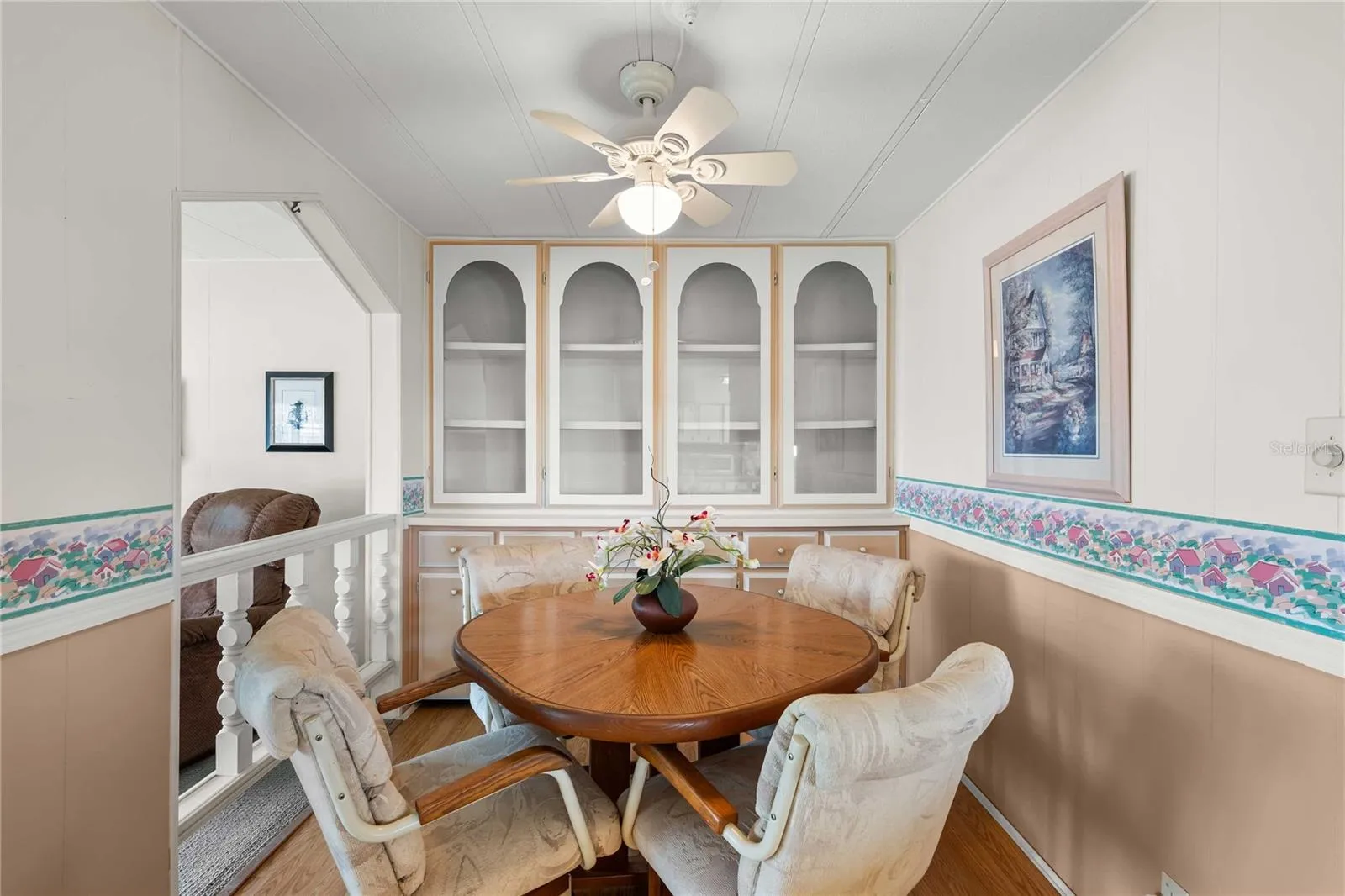 Dining room has built in storage.