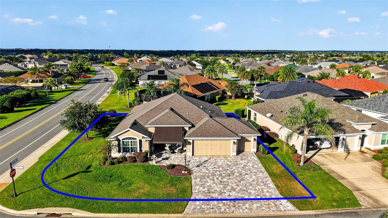 Aerial Front Elevation with Large Corner Lot and Property Lines