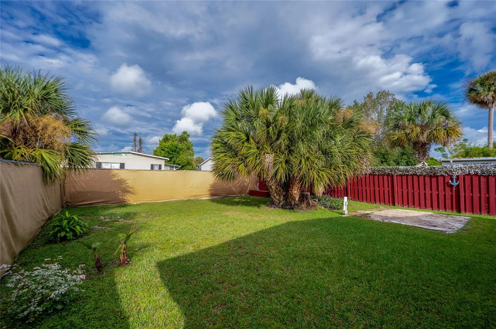Another view showcases the open lawn and mature palms, providing flexible outdoor space for relaxing, gardening, or recreation.