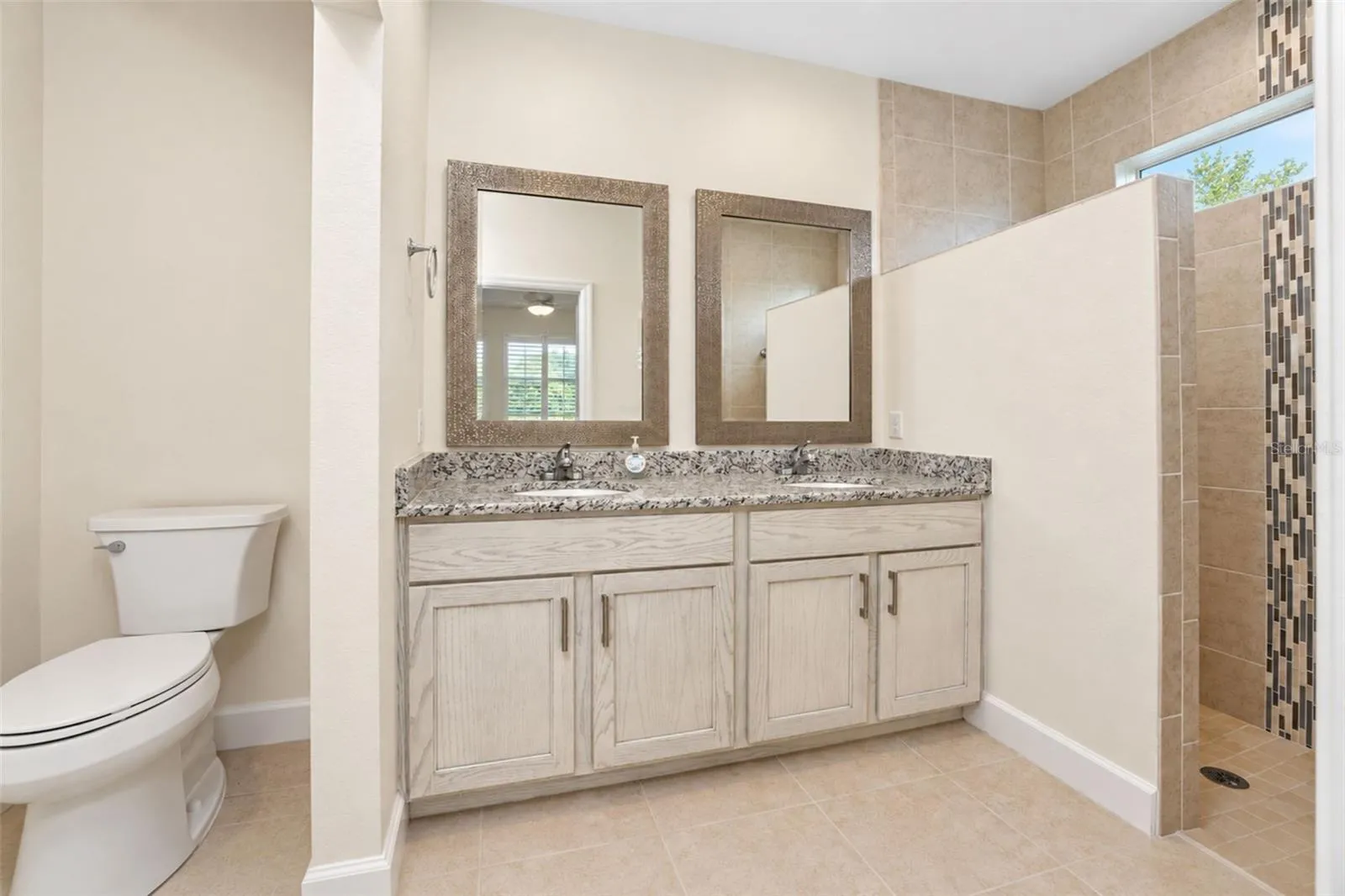 Double-sink vanity and walk-in shower