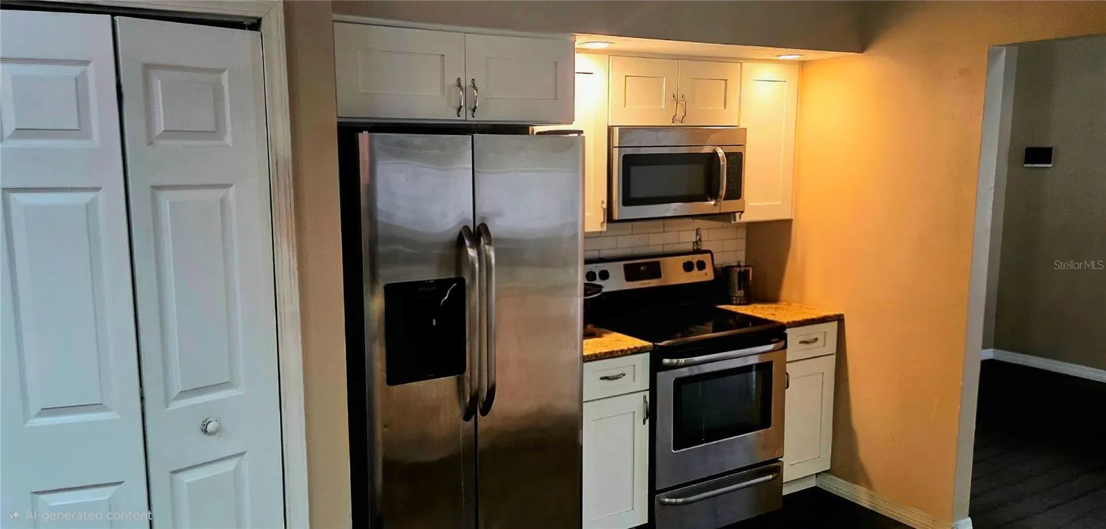 Pantry, fridge, range, microwave