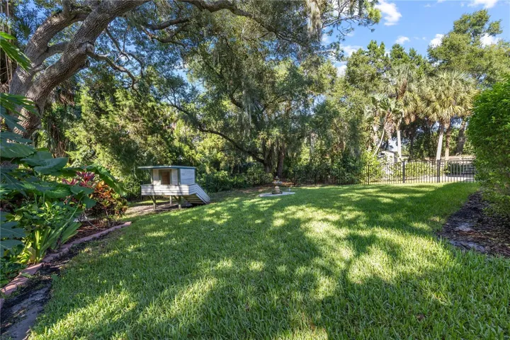 fenced expansive backyard with fruit bearing trees