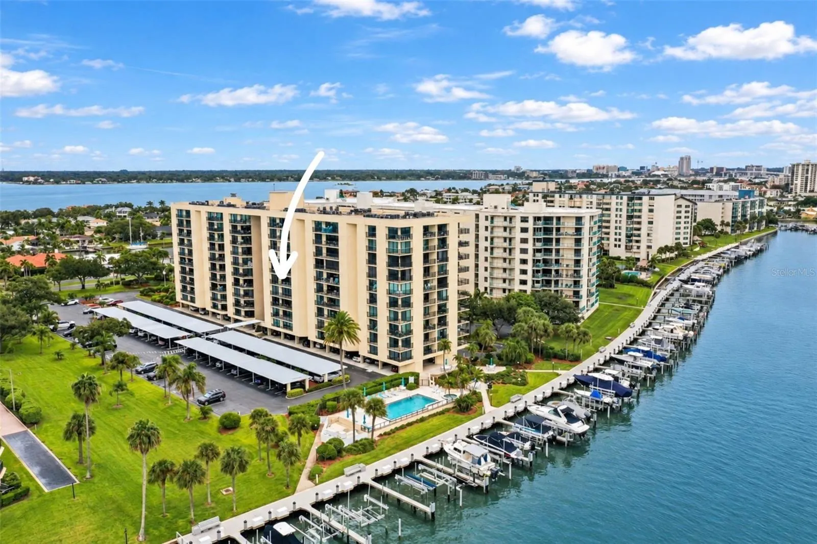 Overhead drone shot of this spectacular Clearwater, FL location. showing marina. Come and see for yourself!
