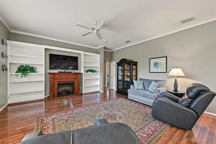 Family room with freestanding electric fireplace