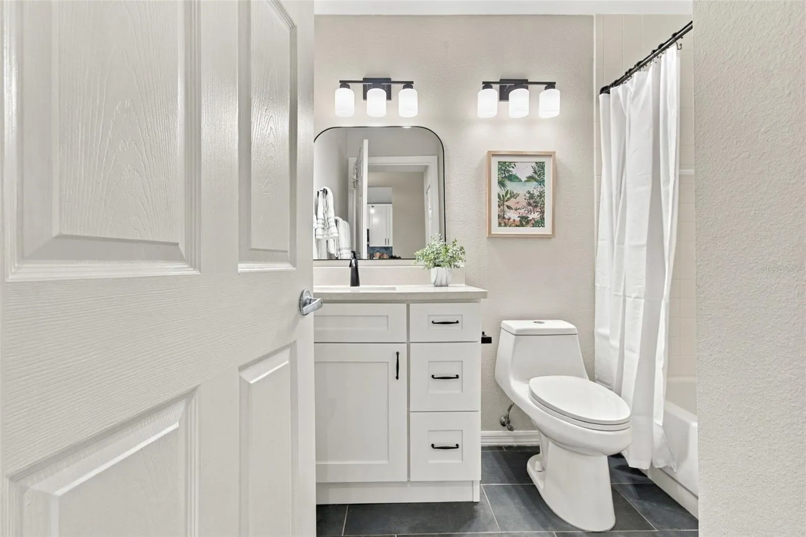 Quartz Countertop, New Faucet, MIrror, Light and Fixtures