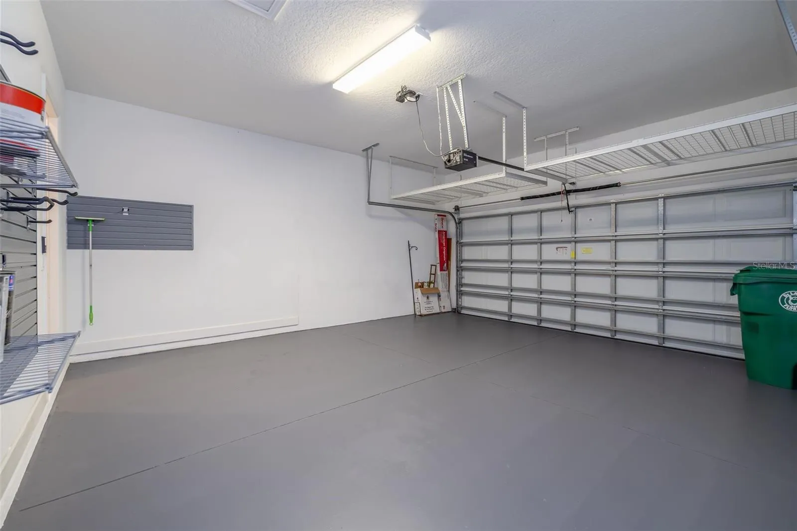 2 car garage w storage racks