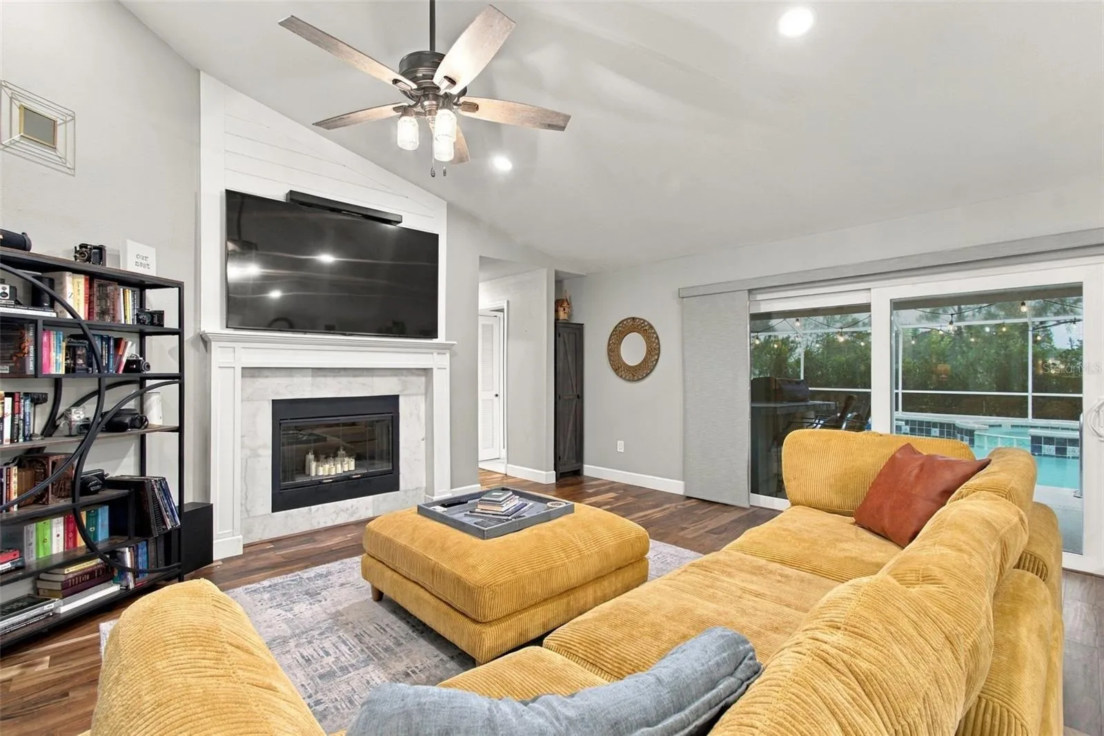Wood burning fireplace in family room