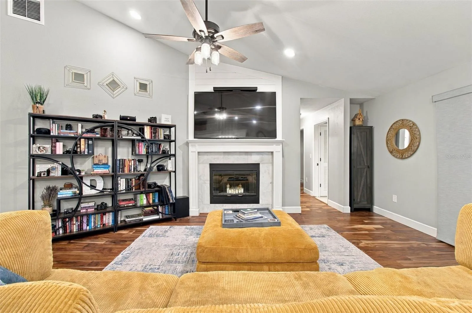 Wood burning fireplace in family room