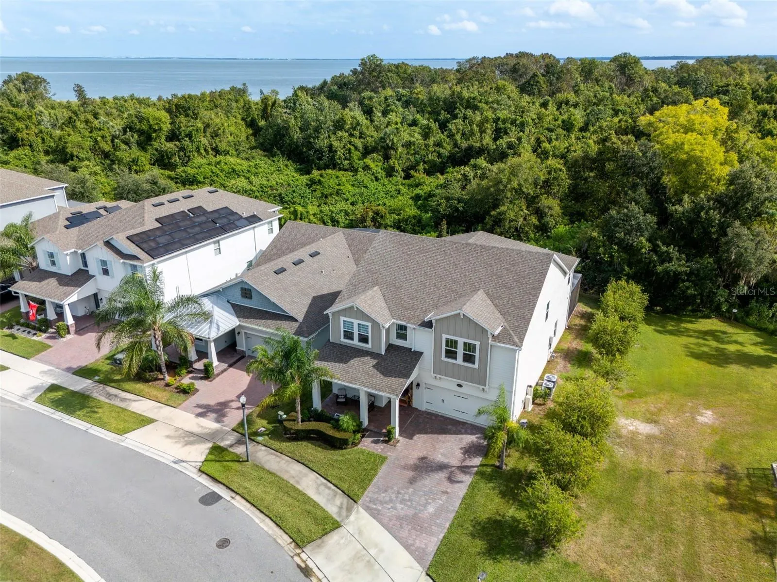 Aerial view showcasing the home’s conservation backdrop, no rear neighbors, and the lake beyond.