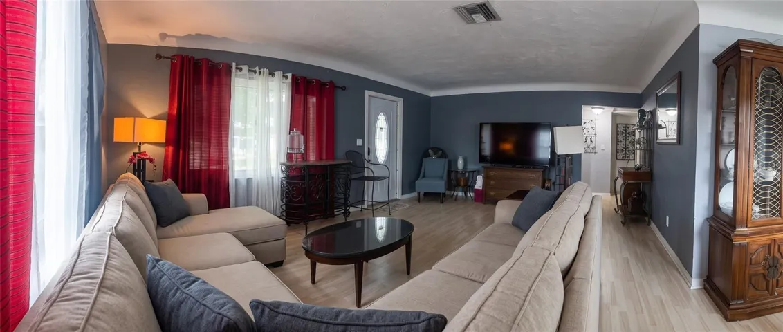 LIVING ROOM VIEW OF FRONT DOOR/LEFT WING OF HOME