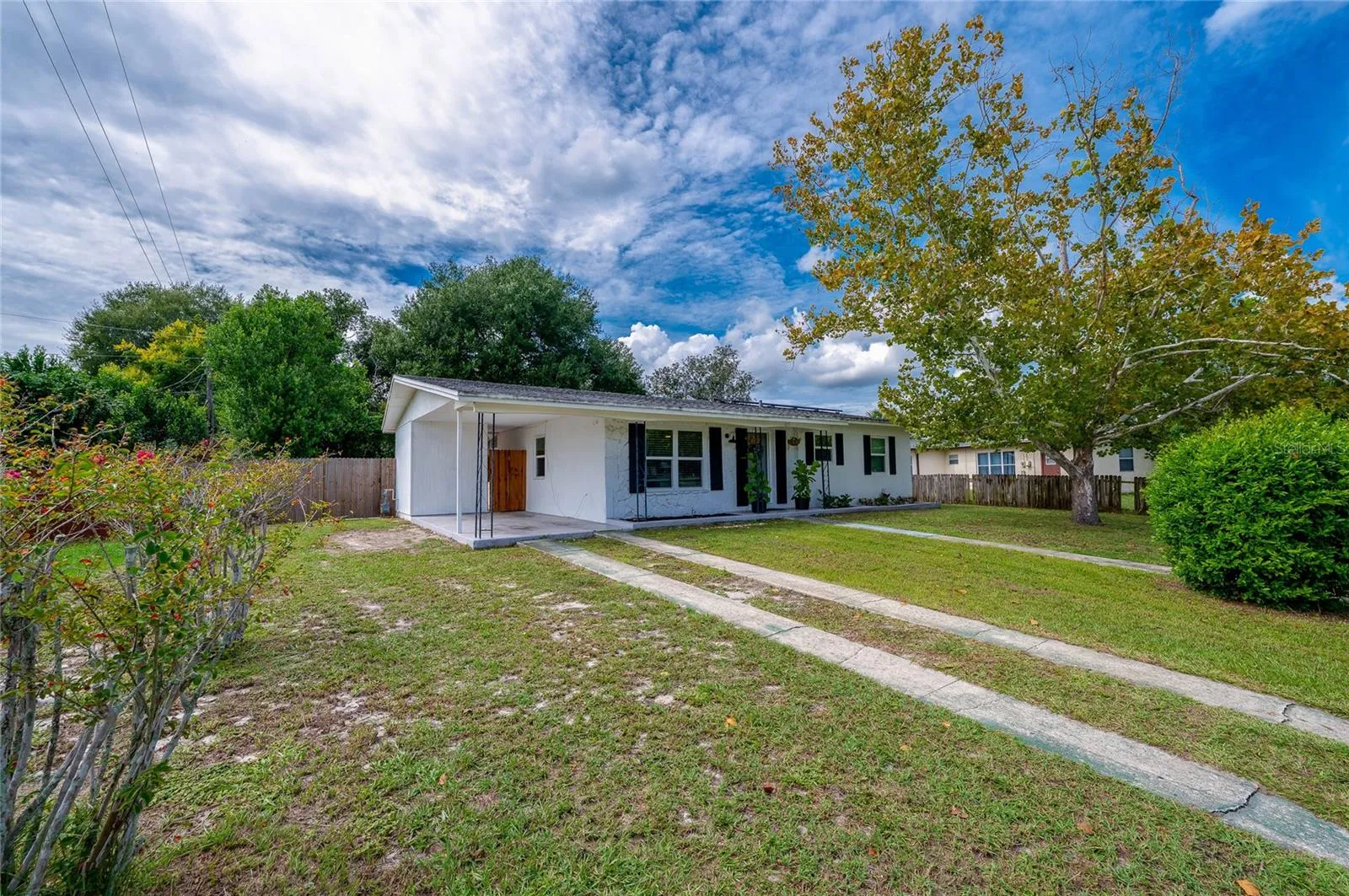 Exterior view highlighting the long concrete ribbon driveway, expansive front lawn, mature shade trees, and low-maintenance single-story design.