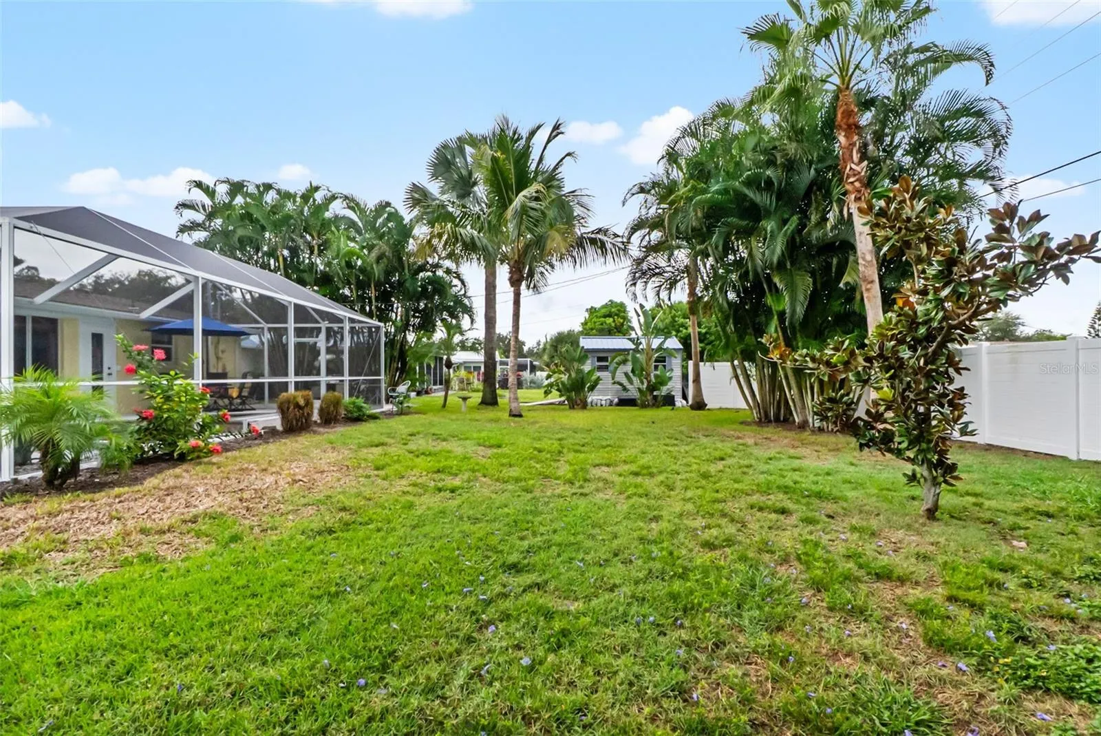 Backyard view of the screened pool enclosure.
