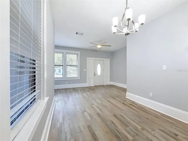 View from dining room area back to front door