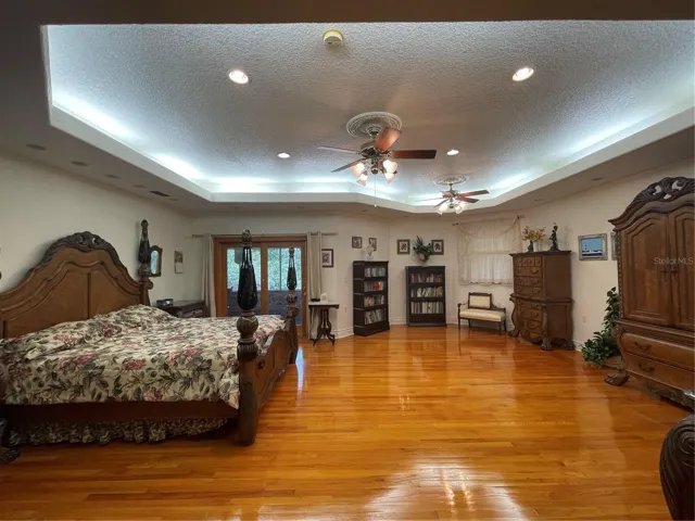 Plenty of recessed lights surround the tray ceiling.