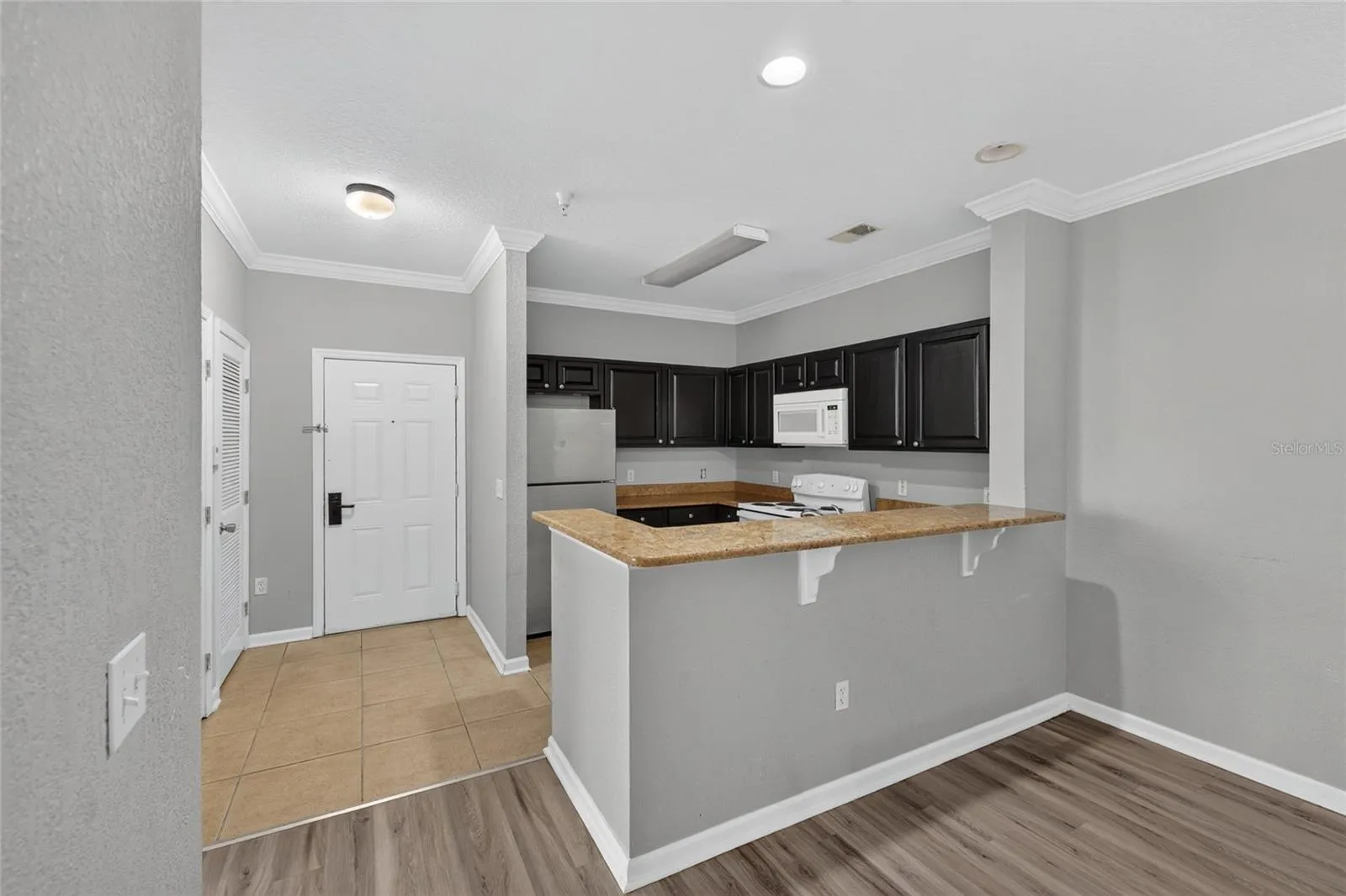 FRONT ENTRANCE. HVAC closet (left of entrance). Kitchen open to dining room.