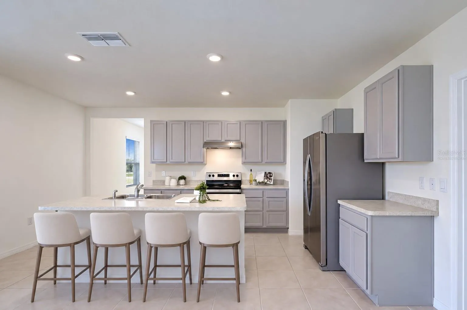 Virtually Staged, Recessed Lighting and Tile Flooring