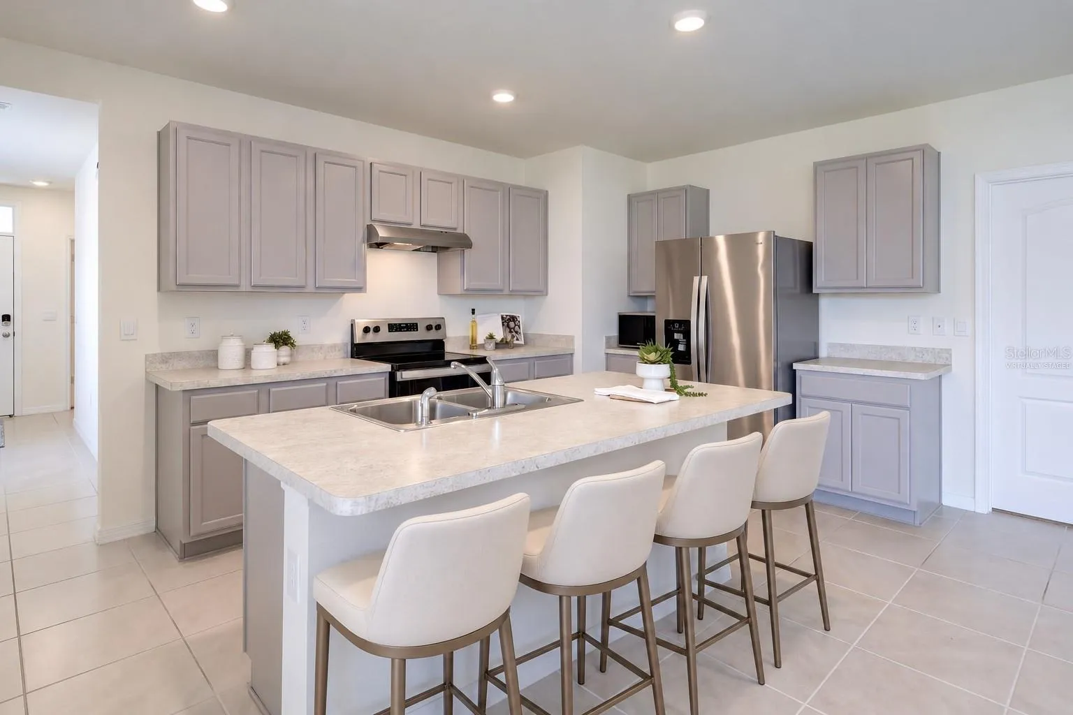 Virtually Staged, Eat-in Kitchen features Grey Cabinetry