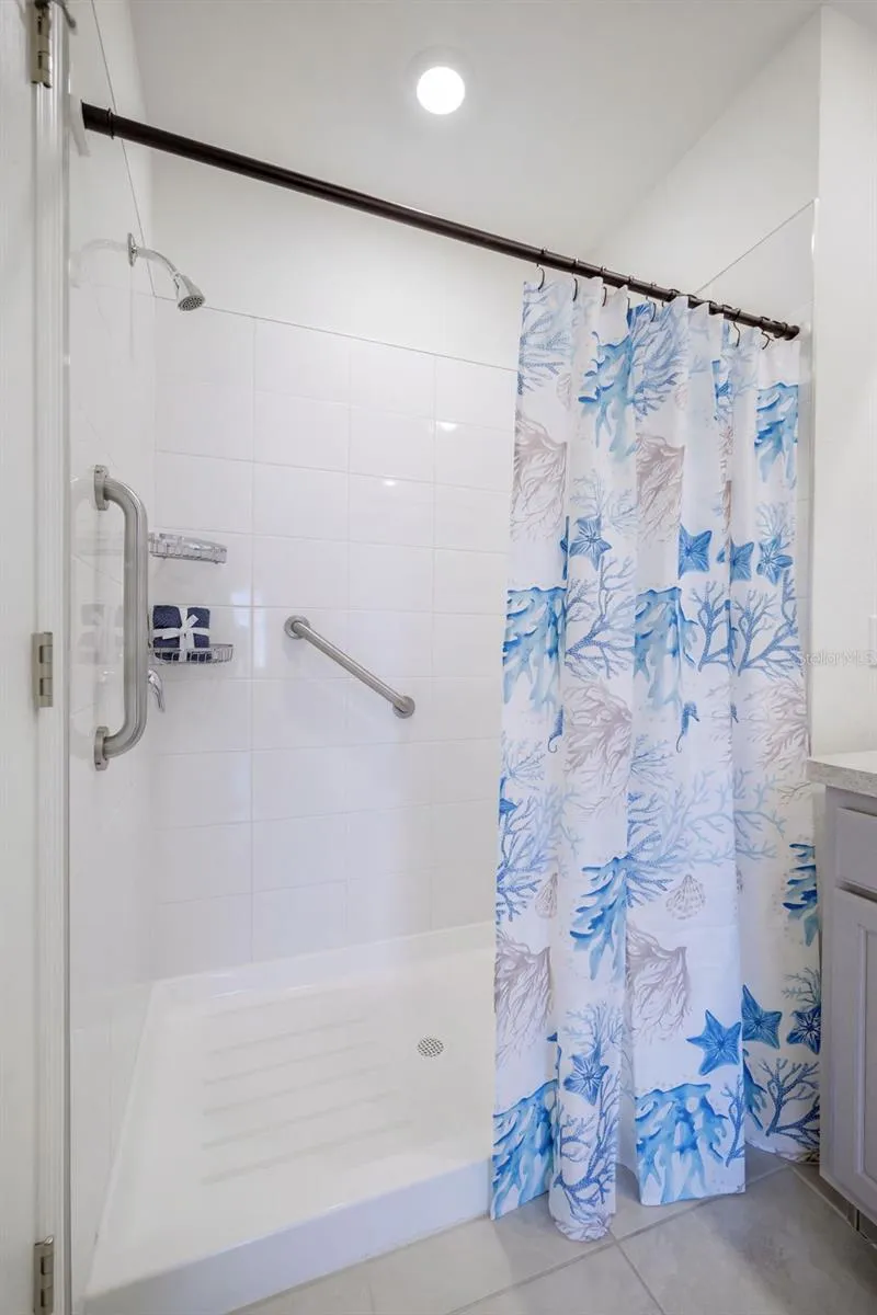 Walk-in shower with safety grab bars