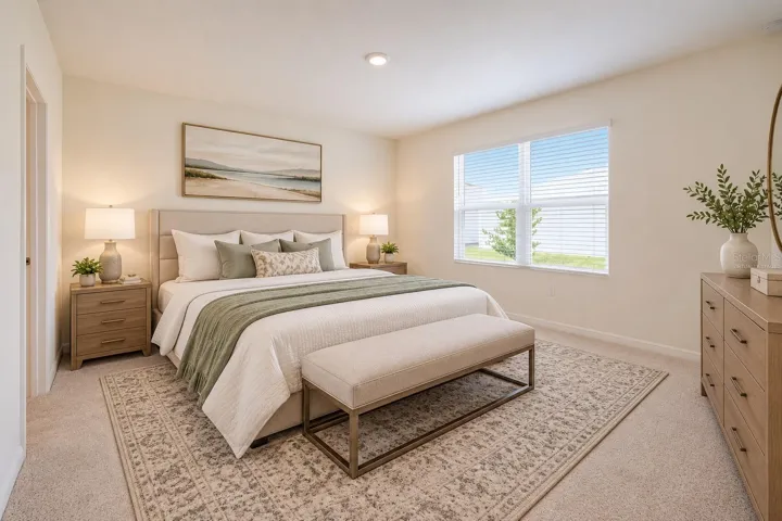 Virtually Staged,  Primary bedroom suite is privately located at the back of the home and overlooks the backyard