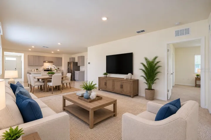 Virtually Staged, The spacious living room offers high ceilings and a glass sliding door leading to the Florida room