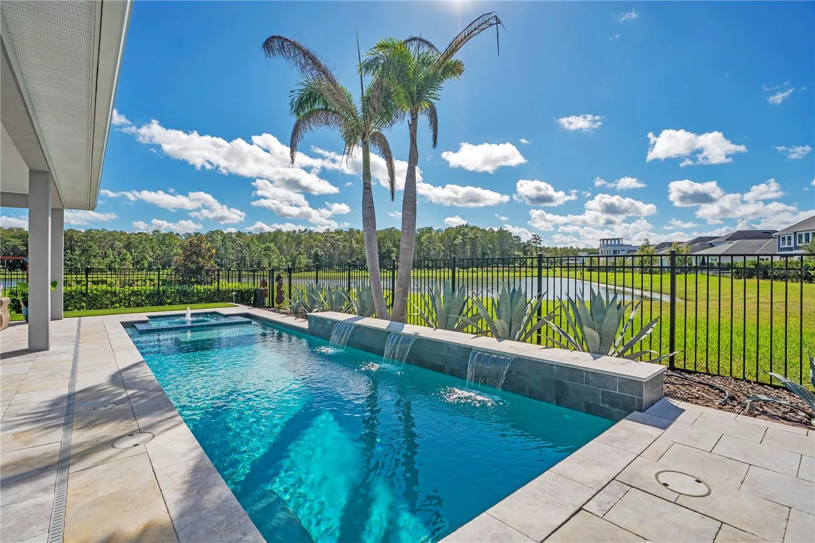 Private heated salt water pool framed by palms and a fenced yard with a water and conservation view. Lake Nona pool home living in Laureate Park, Orlando.