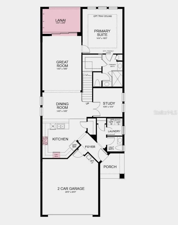 First Floor Plan - Additional Highlights Include: tray ceiling in primary bedroom, shower in bathroom 2, pocket sliding glass door in great room, 8' interior doors, single pocket door in primary bedroom into bathroom, oak stair treads, outdoor kitchen rough-in, pre-plumb for future laundry room sink, and LVP throughout main living area
