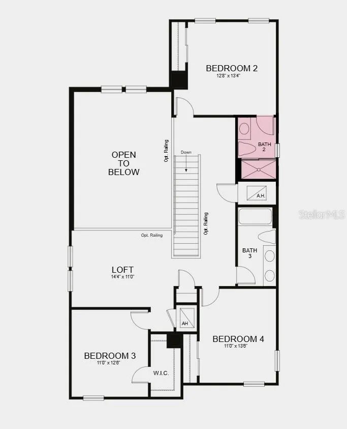 Second Floor Plan - Additional Highlights Include: tray ceiling in primary bedroom, shower in bathroom 2, pocket sliding glass door in great room, 8' interior doors, single pocket door in primary bedroom into bathroom, oak stair treads, outdoor kitchen rough-in, pre-plumb for future laundry room sink, and LVP throughout main living area