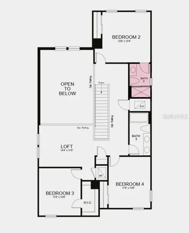 Second Floor Plan - Additional Highlights Include: tray ceiling in primary bedroom, shower in bathroom 2, pocket sliding glass door in great room, 8' interior doors, single pocket door in primary bedroom into bathroom, oak stair treads, outdoor kitchen rough-in, pre-plumb for future laundry room sink, and LVP throughout main living area