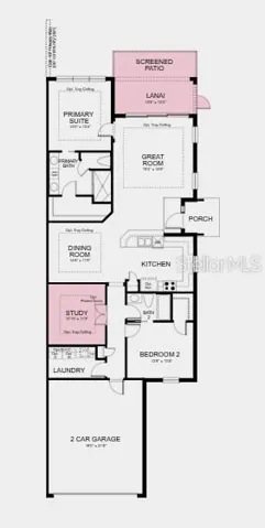 Floor Plan ~ Additional Highlights Include: tray ceiling package, double pocket doors at study, 8' interior door package, extended screened patio, pre-plumb for future laundry sink and whole house impact windows