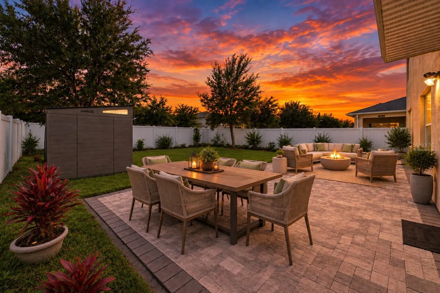 VIRTUALLY STAGED FURNISHINGS AND SUNSET.