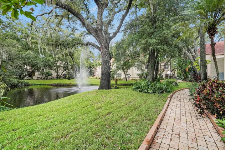 Paved walkways with pond views