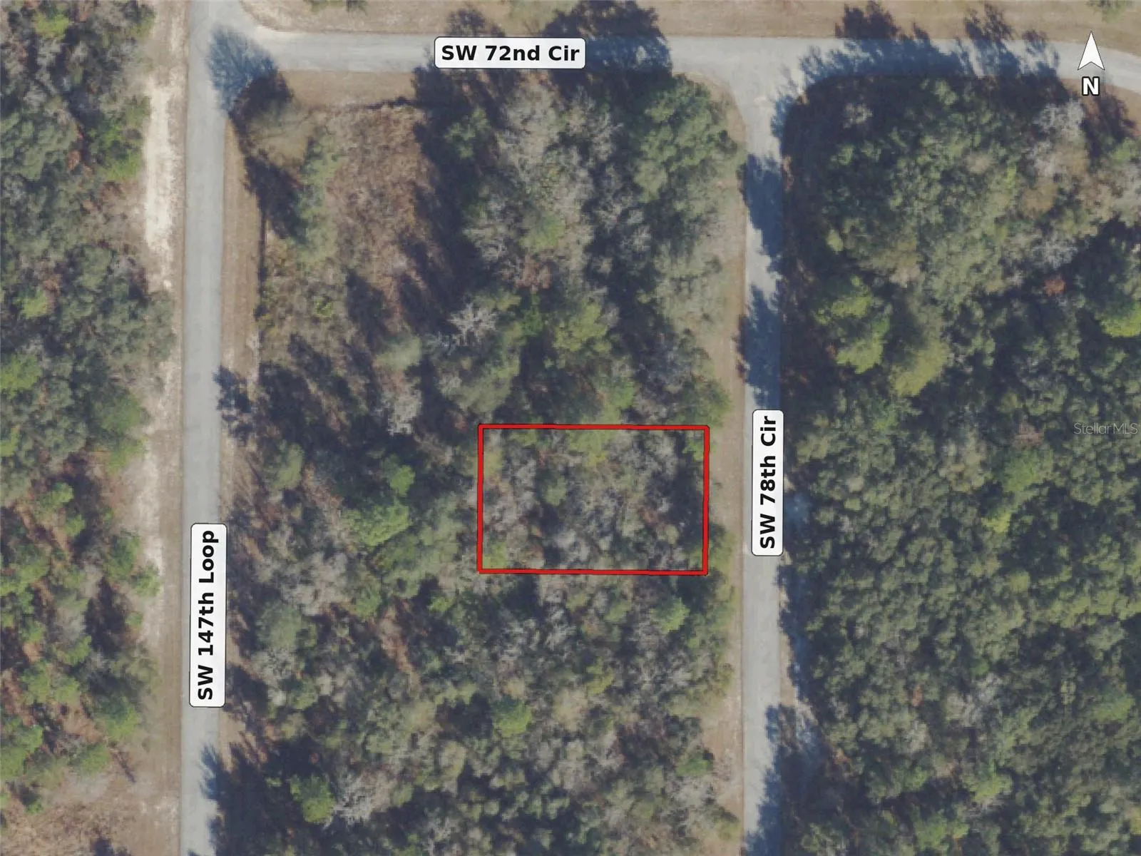Aerial view, lot outlined in red; boundaries approximate