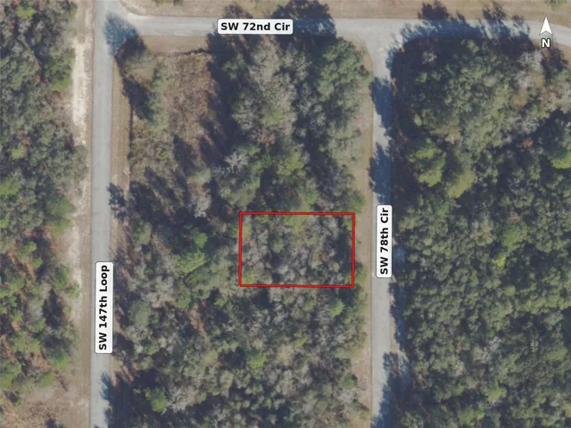 Aerial view, lot outlined in red; boundaries approximate