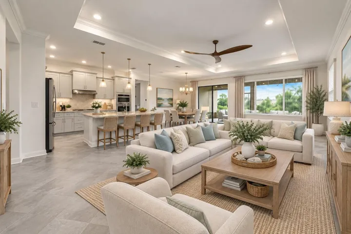Virtually staged living, dining and kitchen
